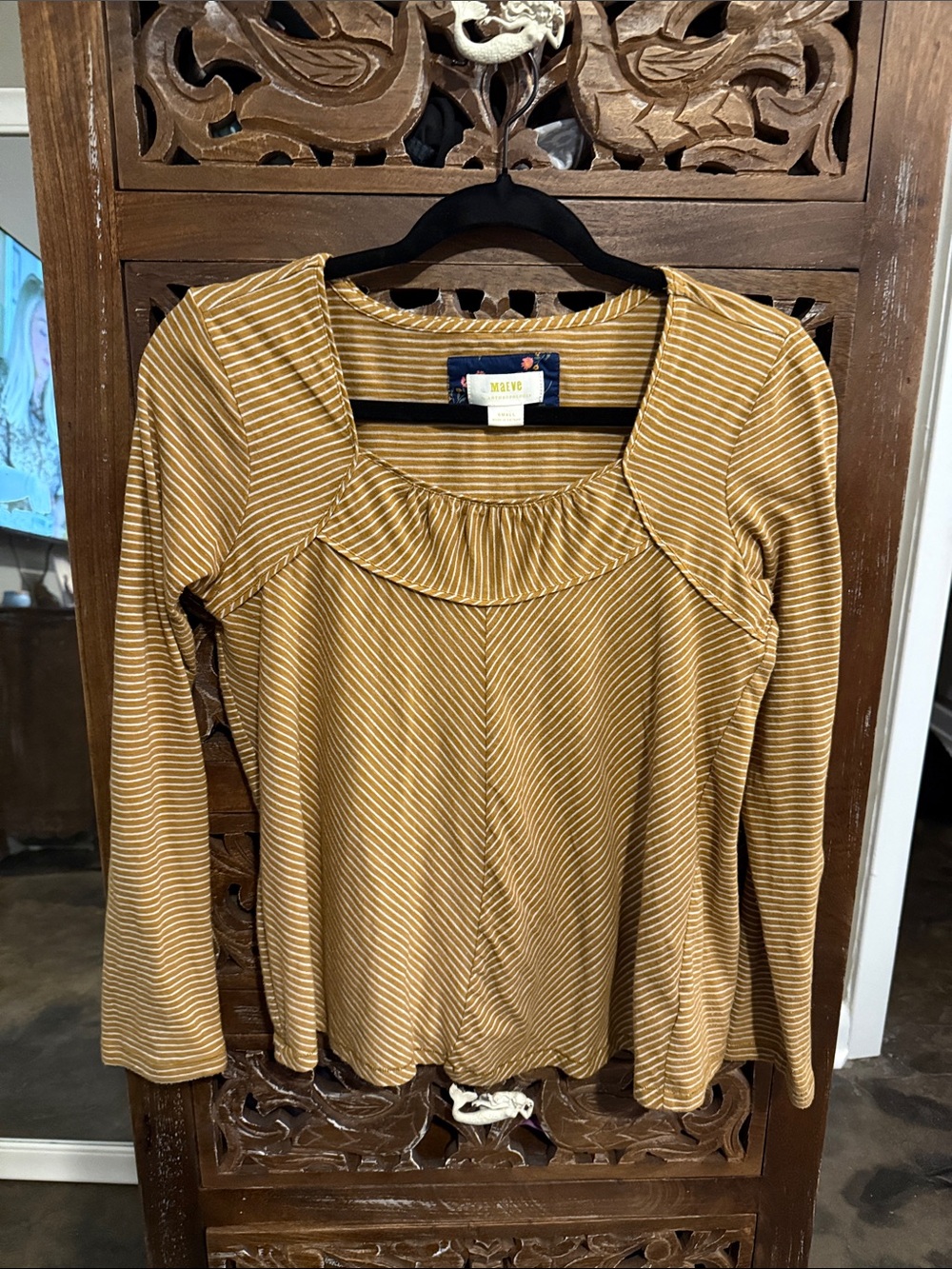 Maeve Mustard & White Striped Long-Sleeve Ruffle Scoop Neck Top